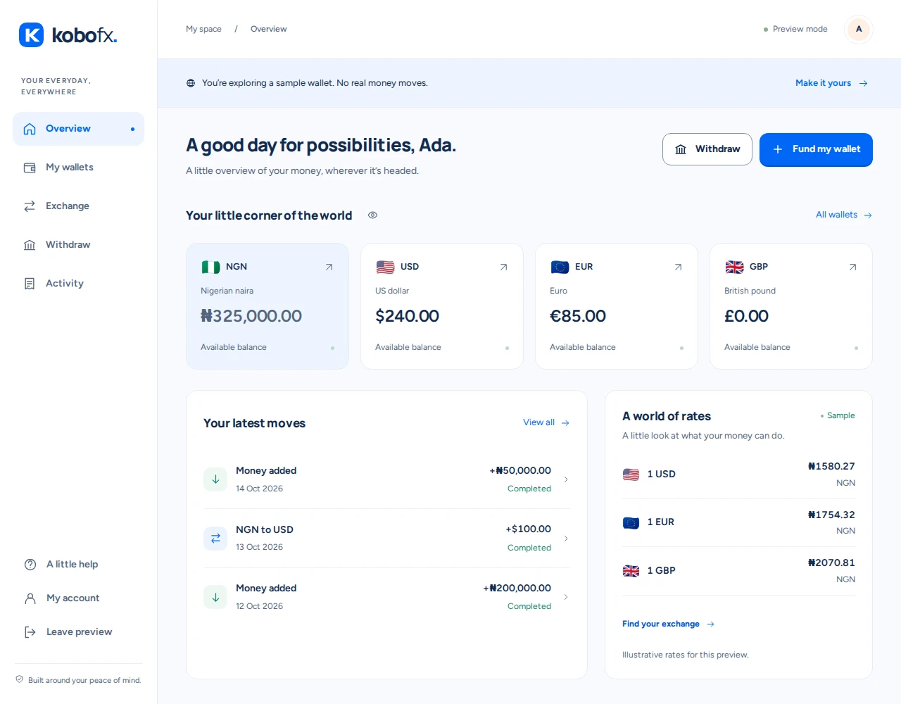 KoboFX preview dashboard showing sample multi-currency wallet balances, recent transactions, and exchange rates.