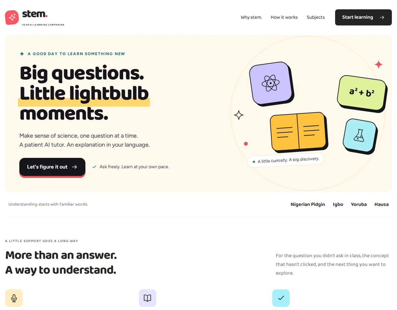 STEM AI Tutor landing page with the headline “Big questions. Little lightbulb moments.”, science illustrations, and explanations offered in Nigerian Pidgin, Igbo, Yoruba, and Hausa.